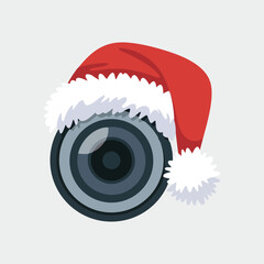 Camera lens icon with Santa hat, flat minimal Christmas photographer design. Design layer should be clean and smooth.