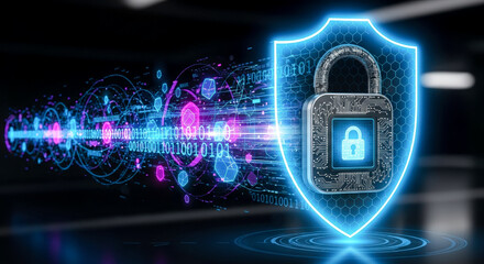 Cybersecurity concept with glowing shield and padlock over digital data stream for data protection and online privacy