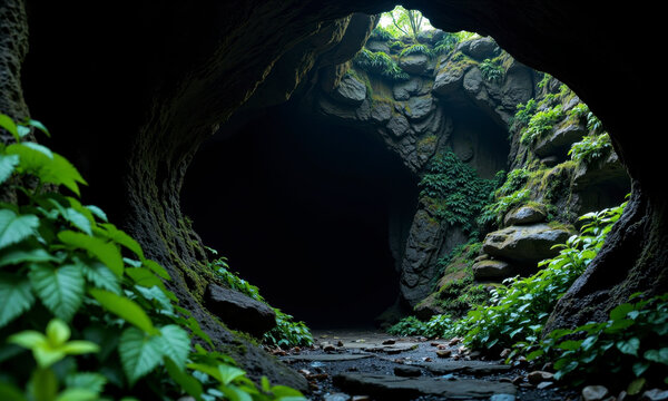 The Threshold to the Unknown: A Dark Cave Entrance Framed by Lush Greenery
