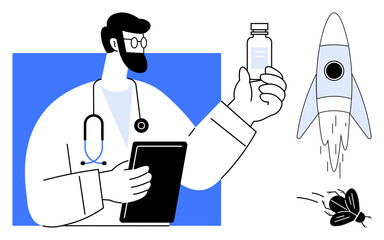 Doctor with stethoscope holding medicine bottle, tablet in hand, rocket launching, capsules on ground. Ideal for healthcare, innovation, science, research medicine technology pharmaceuticals. A