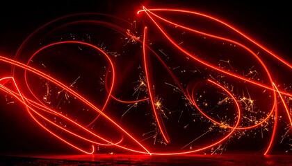 Fototapeta premium Red neon light line sparkles beautifully against a deep black background, creating a modern, glowing, and futuristic atmosphere with vibrant energy, reflection, contrast, and visual depth that captiva