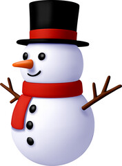 3d cartoon snowman wearing black hat and red scarf