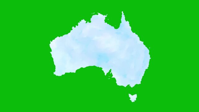 Australia map with hand drawn watercolor style that changing overtime, isolated on green screen background 4k
