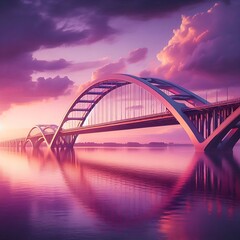Obraz premium Bridge over calm river under purple sunset sky with soft glowing reflections.