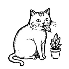 Obraz premium Playful cat chewing plant leaf, sketched style