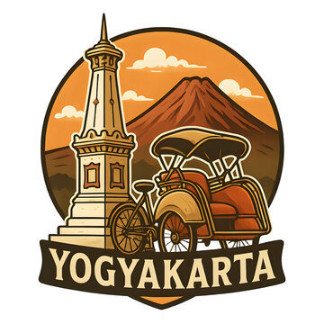 Vintage Yogyakarta Landmark Illustration with Becak and Mount Merapi