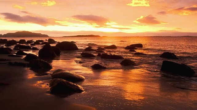 Coastal scenery in Norway features stunning sunset and dancing waves along the shoreline