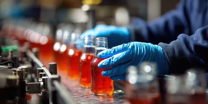Worker inspecting beverage bottles on production line