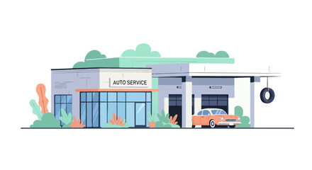 Modern flat vector of car service station exterior, parked vehicle, plants around building