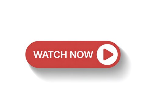 Red watch now button with play icon isolated on white background