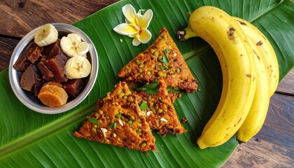 Vietnamese Pandan Layer Cake Sliced and Served with Bananas and Flower on Banana Leaf with Studio Lighting