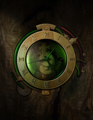 Steampunk fantasy old clock control panel mechanical device on dark atmospheric background