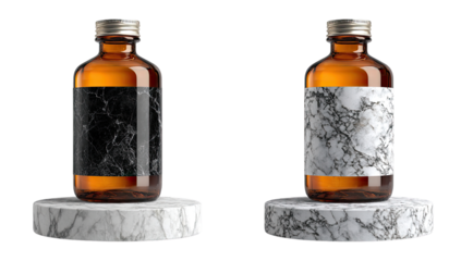 Two amber glass bottles, marble-patterned labels, on white marble bases