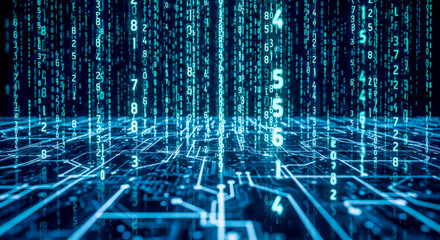 Abstract technology background with falling blue numbers and binary code for concept of big data, matrix, hacking, or computer science