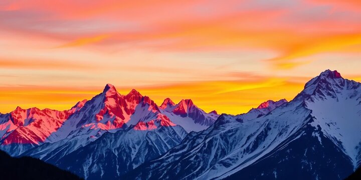 Majestic mountain range at sunset, vibrant colors reflecting on snow capped peaks, beautiful, landscape