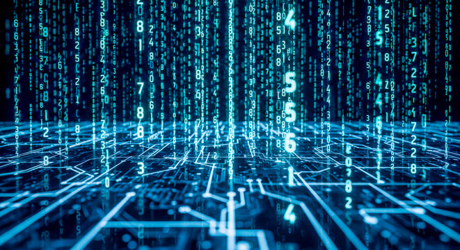 Abstract technology background with falling blue numbers and binary code for concept of big data, matrix, hacking, or computer science