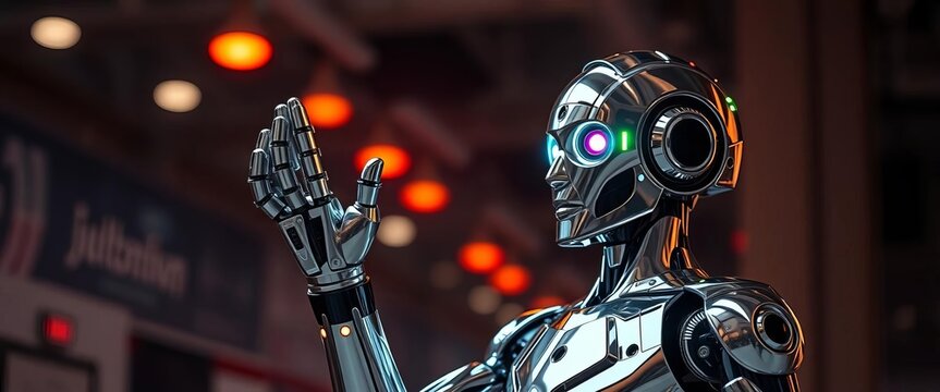 Sleek chrome humanoid robot with advanced articulated limbs & glowing optical sensors, engineering, movement