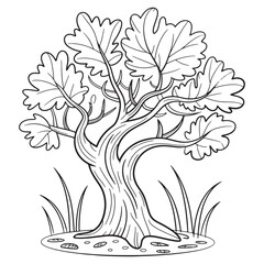 Black and white drawing of a deciduous tree with grass outline