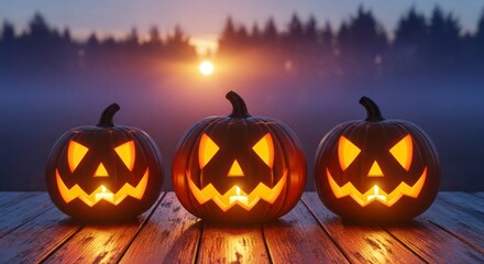Glowing jack-o-lanterns on wooden table at dusk with forest background
