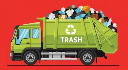 Green garbage truck with recycle symbol carrying mixed waste on red background