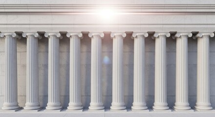 Ancient greek columns illuminated by sunlight on classical architecture facade