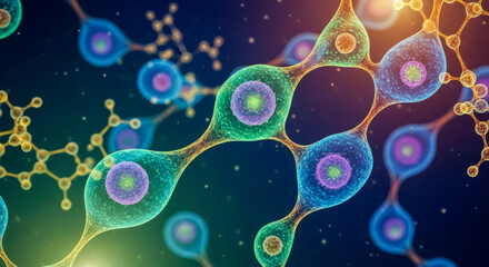 Abstract background of colorful glowing neurons and molecules for concept of science, biology, neuroscience, or medical technology