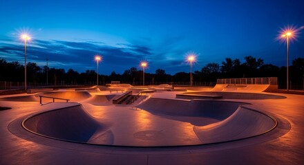 Skatepark at dusk: illuminated ramps and bowls under evening sky