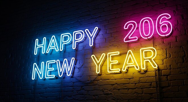 Vibrant neon sign displaying happy new year 206 in bright glowing colors against a dark brick wall background - Powered by Adobe