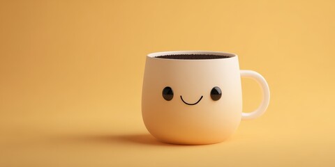 Cute coffee mug character smiling on yellow background