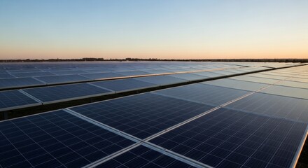 Vast solar panel array harnessing renewable energy at sunset