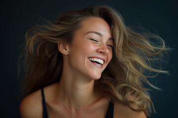Fototapeta premium Young caucasian female joyful expression with windswept hair