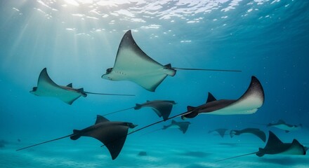 School of Stingrays Swimming Gracefully in Clear Blue Ocean Water, Sunlight Filtering Through.