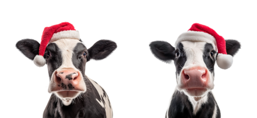 Christmas Cow Portrait: Festive Holstein in Santa Hat isolated on a transparent background