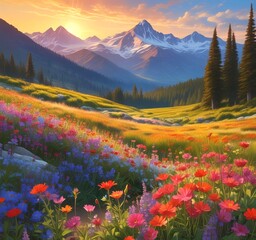 Fototapeta premium Colorful wildflowers in the foreground with majestic mountain peaks