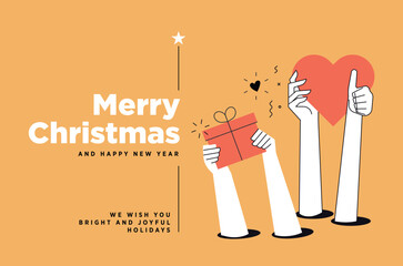 A festive illustration for the holiday season, with cartoon hands giving a present and a heart symbolizing love and joy for the winter celebration