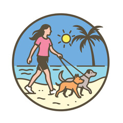 Leisure time on beach. Woman walking with dogs. 