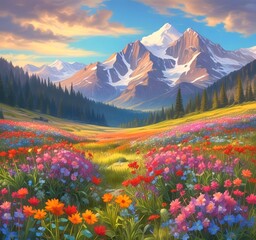 Fototapeta premium Colorful wildflowers in the foreground with majestic mountain peaks