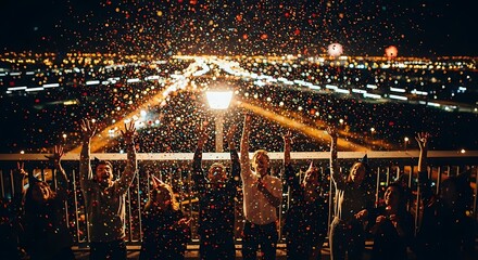 Vibrant night cityscape illuminated by bright lights and a massive crowd gathered for a spectacular celebration event