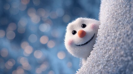 Obraz premium A snowman peeks out from behind the wall, creating a cheerful New Year's atmosphere.