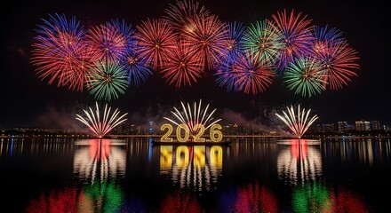 Spectacular new year s eve fireworks display illuminates the night sky over a calm lake with a reflection of the glowing year 2023