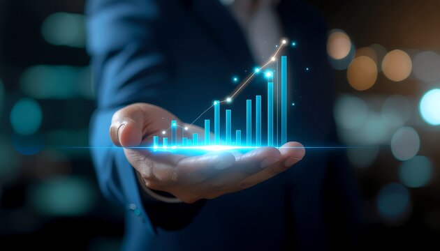 Vision of Success: A Glowing Financial Chart Hologram in a Businessman's Hand