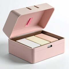 Pink storage box opened, revealing sticky note pads inside