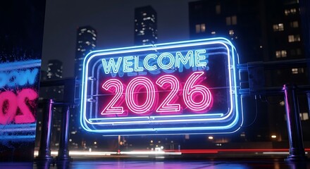 Vibrant neon sign glows with welcome 2026 in bright pink and blue against a blurred city skyline at night