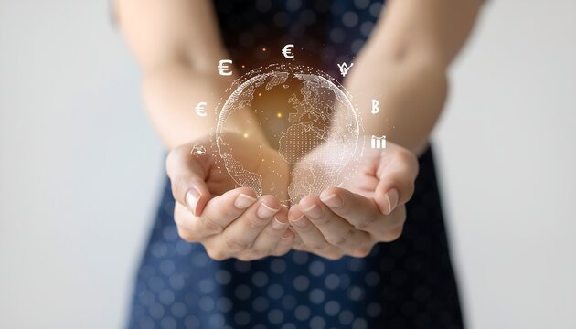 Hands Holding Digital Globe with Currency Symbols, Global Finance Concept - Powered by Adobe