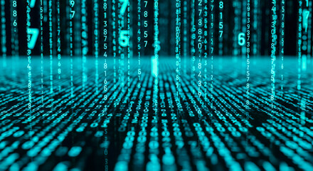 Abstract technology background with falling teal numbers and binary code for concept of big data, matrix, hacking, or computer science