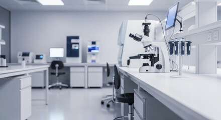Modern science laboratory with microscope on workbench for concept of medical research, or scientific innovation
