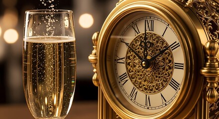 Close up of a champagne flute being filled with bubbly golden liquid next to an ornate antique clock showing midnight marking the start of a new year celebration