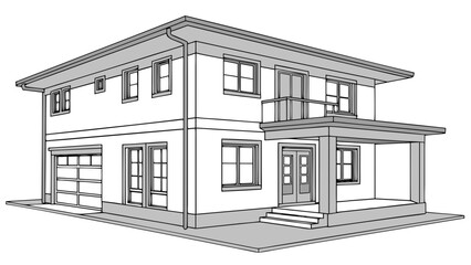 Modern Two-Story House Architectural Line Art Illustration with Garage and Porch, White Background Vector Outline