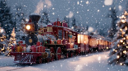 A cartoon steam locomotive with gifts rides through a fairy-tale winter forest	
