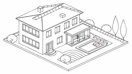 Elegant Isometric Line Art of a Modern Family House with Backyard Swimming Pool and Landscaped Garden Design